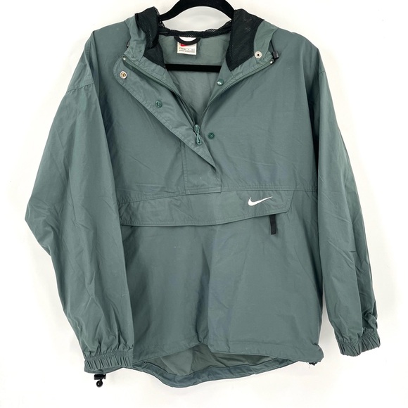 Nike Jackets & Blazers - NIKE Vintage Windbreaker Women S Green Pullover Jacket Hooded Half Zip Pockets